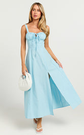 Maiya Midi Dress - Tie Front Fitted Bodice Dress in Blue